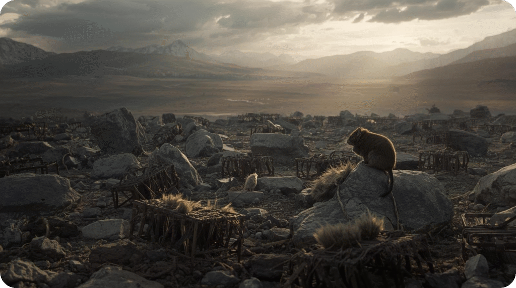 The image, titled "The Industrial-Scale Slaughter," depicts a desolate and rocky landscape under a dramatic sky with a ray of sunlight breaking through clouds in the distance. In the foreground and midground, numerous small, dark cages or traps are scattered across the ground, some with what appears to be fur or remnants of animals inside or nearby. A single chinchilla sits on a prominent rock in the right foreground, looking out at the barren scene. The overall impression is grim and stark.