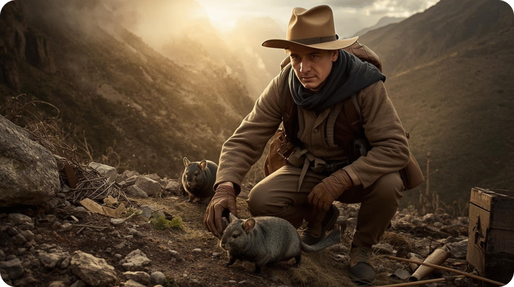 The image, titled "The Rescue Mission That Changed Chinchilla Origins," shows a man in a hat, jacket, and gloves, crouching down in a rugged, mountainous terrain. He is gently reaching towards a chinchilla in the foreground, with another chinchilla visible behind it. The background features steep, rocky hills and a bright, almost hazy sunset or sunrise in the distance, casting a warm glow over the scene. The man has a backpack and appears to be on an expedition.