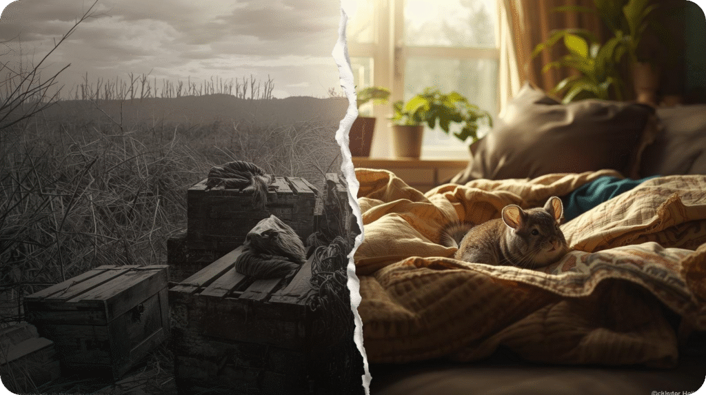 The image, titled "Modern Chinchilla Origins: From Fur Farms to Family Rooms," is a split image with a torn paper effect down the middle. The left side, in grayscale, depicts a desolate outdoor scene with stacked wooden crates among tall, dry grasses, suggesting a harsh environment or a fur farm. The right side, in warm color tones, shows a cozy indoor scene with a chinchilla nestled on a soft, patterned blanket on a bed or couch, with a window and potted plants in the background, representing a comfortable home environment.