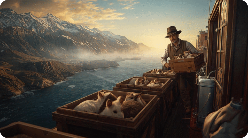 The image, titled "The Perilous Journey: From Mountains to Sea," shows a man in a hat and period clothing on what appears to be a ship or a large vehicle. He is tending to several open wooden crates filled with numerous small, light-colored animals, likely chinchillas. The background dramatically features a vast mountain range with snow-capped peaks descending towards a large body of water, possibly a sea or a large lake, under a dramatic and cloudy sky. Fog or mist hangs over parts of the water and mountains.