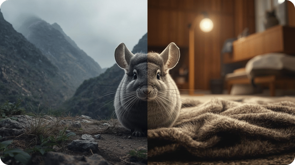 The image, titled "Tracing Chinchilla Origins: Wild vs. Domestic Life," is a split image showing a chinchilla superimposed over two contrasting environments. The left side depicts a rugged, misty mountain landscape, with dark, imposing peaks and sparse vegetation. The right side shows a warm, inviting indoor setting with a soft, plush blanket in the foreground, and hints of wooden furniture and a lamp in the background, illustrating the difference between a chinchilla's wild habitat and a domestic one.