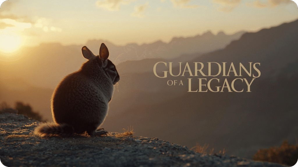The image, titled "Conclusion: Guardians of a Legacy," shows a chinchilla sitting on a rocky ledge, facing away from the viewer and looking out over a vast, mountainous landscape. The sun is setting on the left, casting a warm, golden glow across the scene and silhouetting the chinchilla and the distant mountains. To the right, the text "GUARDIANS OF A LEGACY" is subtly integrated into the misty, mountainous background.