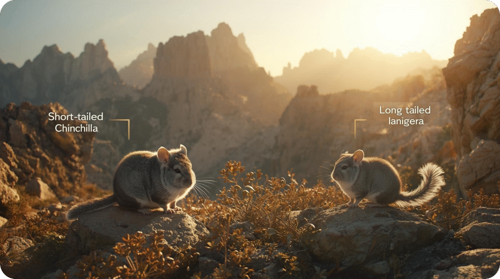 Two chinchillas, one labeled "Short-tailed Chinchilla" and the other "Long-tailed lanigera," sit on rocks in a mountainous, desert-like landscape under a warm, golden sky. The image is titled "Chinchilla Origins: The Ancient Ancestors of the Andes."