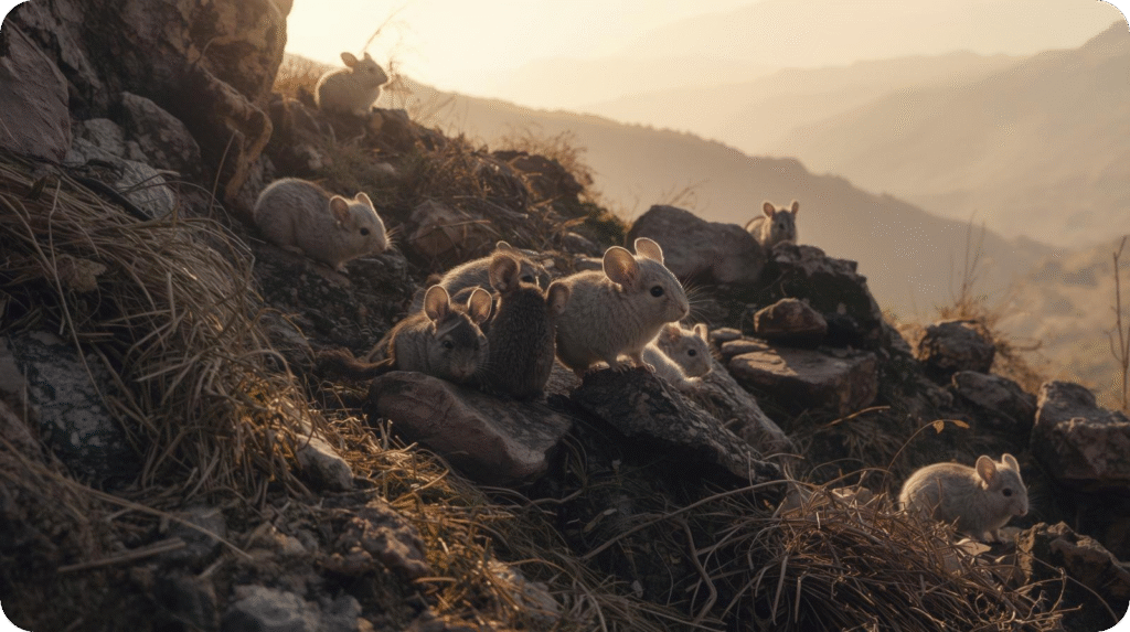 The image, titled "Social Herds for Safety and Company," shows several chinchillas on a rocky, grassy hillside. In the foreground, a group of chinchillas huddle together on and around rocks, while others are scattered further up the slope and in the background, blending into the muted, dusty landscape with mountains in the distance under a pale sky.