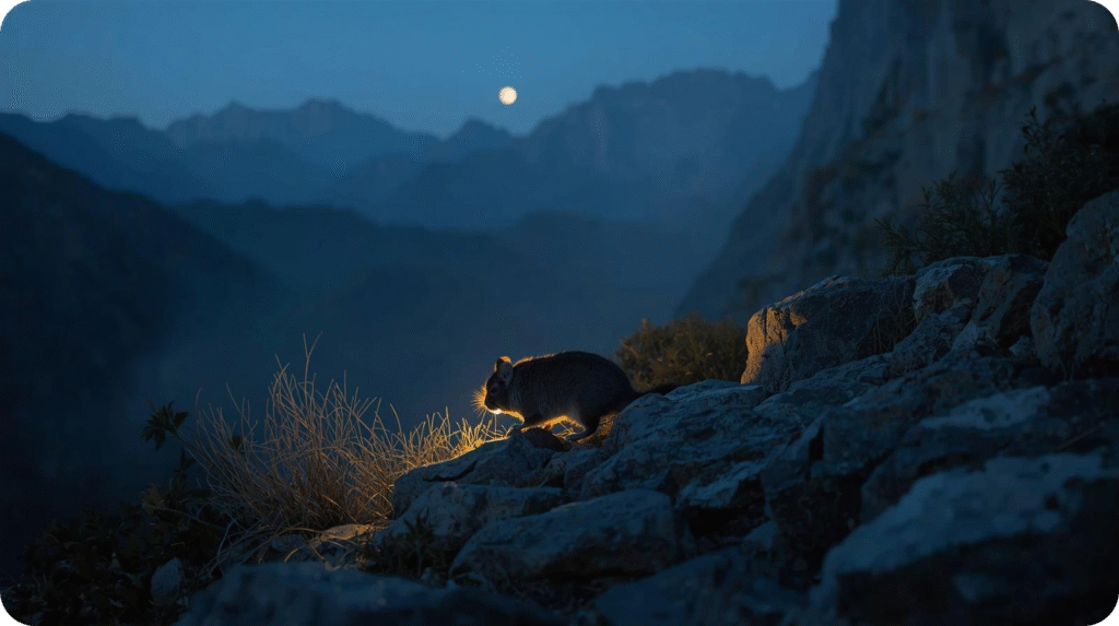 The image, titled "Night Owls (Nocturnal and Crepuscular)," depicts a chinchilla on a rocky outcrop at night. The chinchilla is illuminated by a warm, golden light source from the left, casting a glow on its fur and the surrounding rocks and dry grasses. In the background, dark, silhouetted mountains stretch into the distance under a blue-tinged night sky with a bright full moon visible.