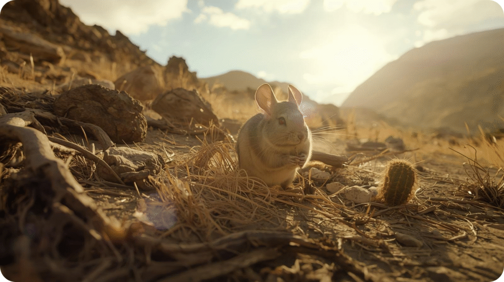 The image, titled "A Tough Diet in a Dry Land," shows a chinchilla on dry, rocky, and sparse ground. The chinchilla is looking towards the viewer, holding something small to its mouth with its front paws. Behind it, a small cactus is visible, and the background features barren, rocky hills and mountains under a bright, somewhat hazy sky with the sun setting or rising, casting a warm glow.