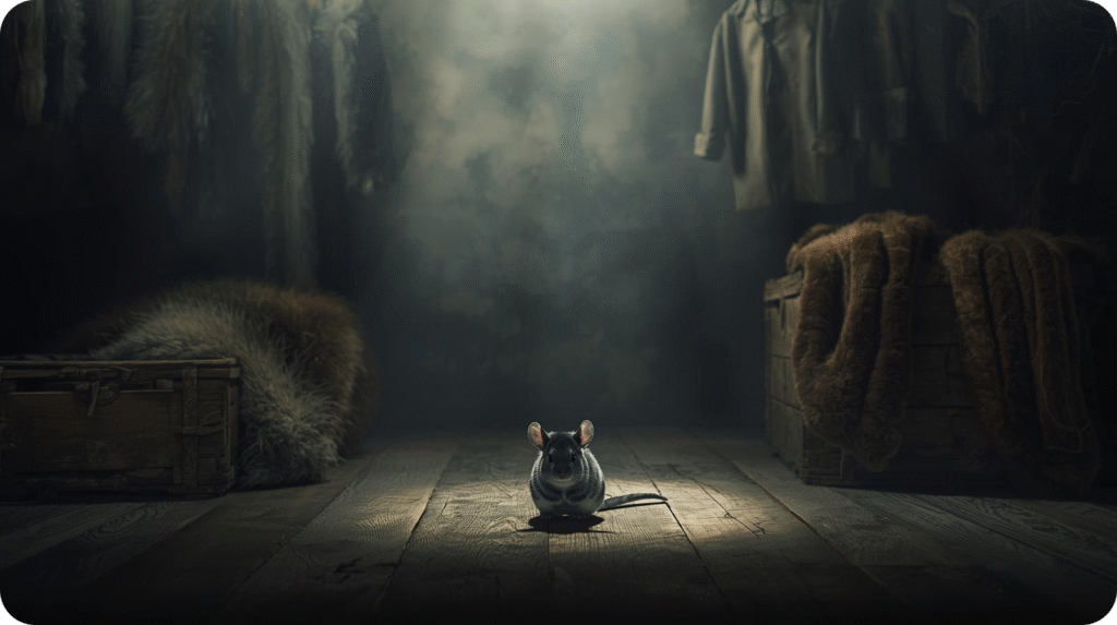 The image, titled "A Dark Chapter in Chinchilla Origins: The Fur Trade," shows a chinchilla sitting on a wooden floor, illuminated by a spotlight from above. The background is dim and smoky, revealing various fur pelts and garments hanging on racks and draped over wooden crates on either side of the chinchilla, emphasizing a somber and ominous atmosphere.