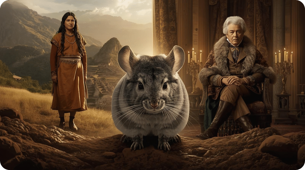 The image, titled "From Royalty to Runway: The Demand for 'Soft Gold'," is a composite scene featuring a large chinchilla in the foreground. To the left, a woman in traditional Indigenous attire stands against a backdrop of mountains and ruins. To the right, an older European-looking man in ornate, fur-trimmed clothing sits with candles and a luxurious interior behind him. The overall lighting is warm and golden, suggesting a grand and somewhat historical setting.