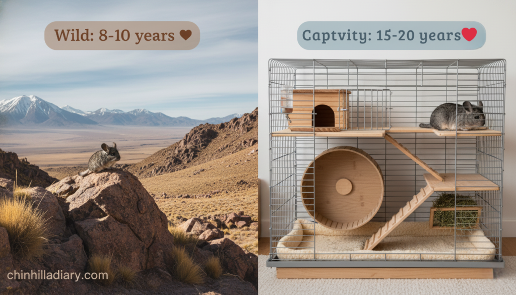 A split image comparing chinchilla habitats. On the left, a chinchilla sits on a rock in a vast, arid, mountainous wild landscape with a clear sky, labeled 'Wild: 8-10 years'. On the right, a chinchilla is inside a multi-level wire cage with wooden shelves, a wheel, and bedding, labeled 'Captivity: 15-20 years