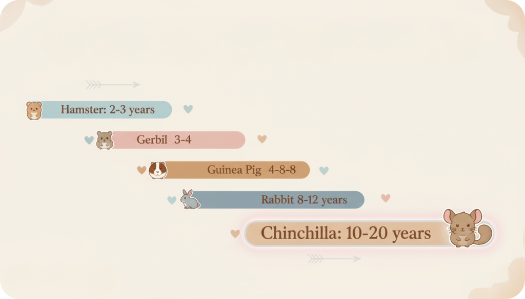 An infographic showing the average lifespans of various small pets, arranged in increasing order. Hamster: 2-3 years, Gerbil: 3-4 years, Guinea Pig: 4-8-8 years, Rabbit: 8-12 years, and Chinchilla: 10-20 years. Each animal is represented by a small cartoon icon next to its lifespan