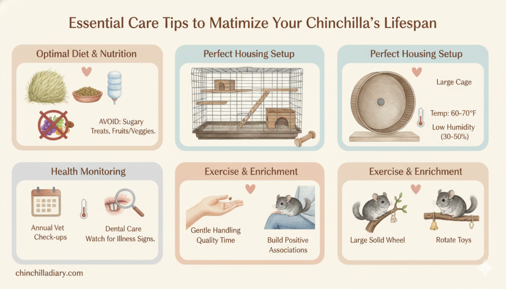 An infographic titled 'Essential Care Tips to Maximize Your Chinchilla's Lifespan'. It shows six panels with icons and text for care tips: Optimal Diet & Nutrition, Perfect Housing Setup (two panels, one showing a cage, one a wheel), Health Monitoring, Exercise & Enrichment (two panels, one showing gentle handling, one showing chinchillas on a wheel and branch).