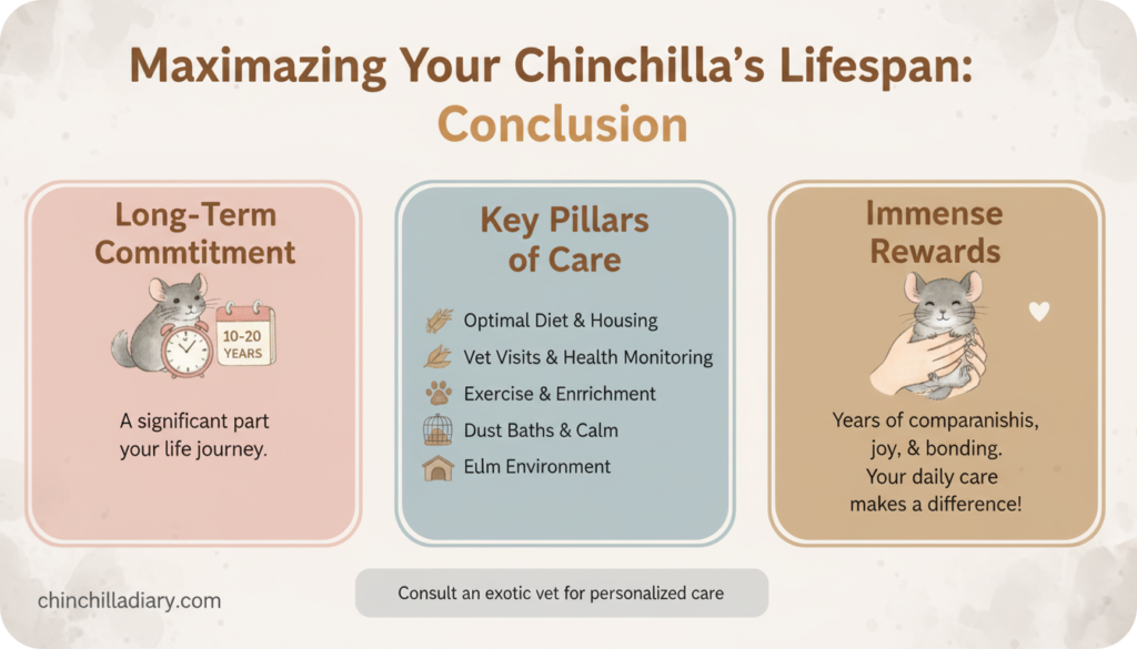 An infographic titled 'Maximizing Your Chinchilla's Lifespan: Conclusion'. It features three pillars: 'Long-Term Committment' with a chinchilla and a calendar icon (10-20 Years), 'Key Pillars of Care' listing optimal diet & housing, vet visits, exercise & enrichment, dust baths & calm, and elm environment, and 'Immense Rewards' with a chinchilla in hands icon. A note at the bottom says 'Consult an exotic vet for personalized care