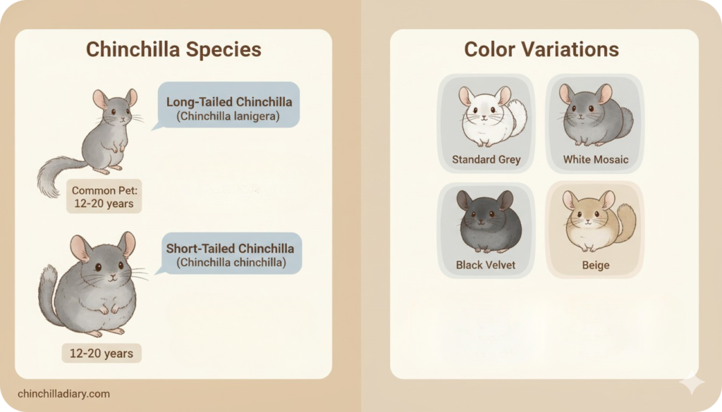An infographic titled 'Chinchilla Species' and 'Color Variations'. The left panel shows cartoon illustrations of a Long-Tailed Chinchilla (Chinchilla lanigera) and a Short-Tailed Chinchilla (Chinchilla chinchilla), both with a 12-20 years lifespan. The right panel shows four cartoon chinchillas illustrating different color variations: Standard Grey, White Mosaic, Black Velvet, and Beige.