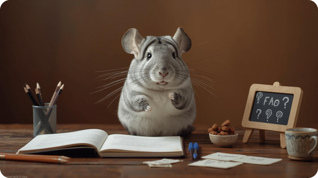 A cute chinchilla sitting upright on a wooden desk with an open book, pencils in a holder, a small bowl of treats, and a mini blackboard sign with 'FAQ ?' and question marks written on it. The chinchilla looks directly at the viewer