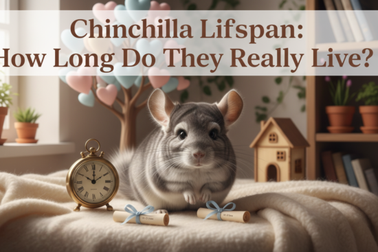A chinchilla sitting on a fluffy white blanket, next to an antique-style alarm clock and two small rolled-up scrolls tied with blue ribbons, labeled '15-20 years'. In the background are blurry indoor plants, a window, and a small wooden house. The title overlay reads 'Chinchilla Lifespan: How Long Do They Really Live?