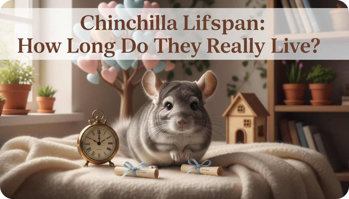 A chinchilla sitting on a fluffy white blanket, next to an antique-style alarm clock and two small rolled-up scrolls tied with blue ribbons, labeled '15-20 years'. In the background are blurry indoor plants, a window, and a small wooden house. The title overlay reads 'Chinchilla Lifespan: How Long Do They Really Live?